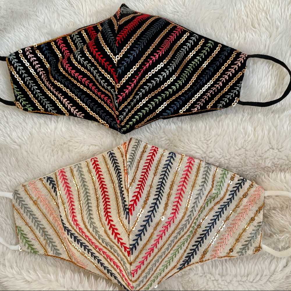 2/$15  Hand embroidered linen face mask - Black and White